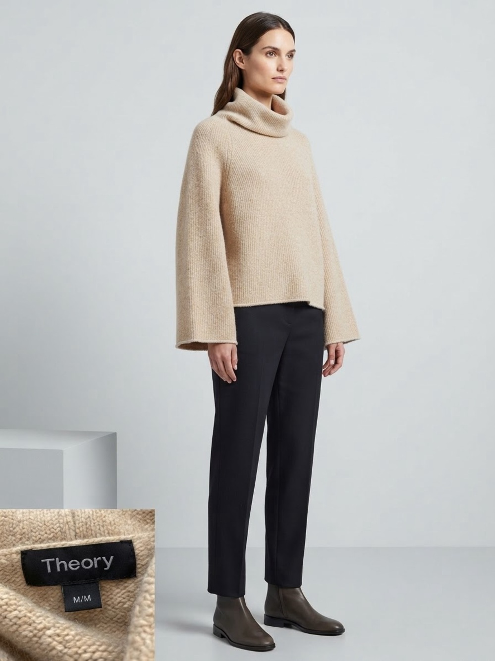 Theory Beige Cowl Neck Bell-Sleeve Sweater